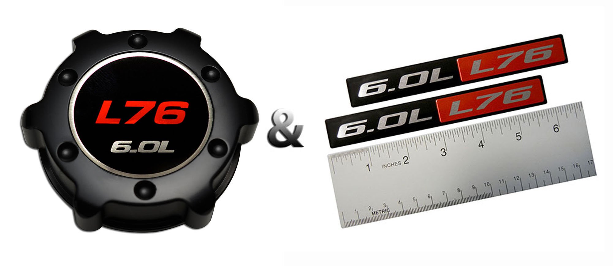 VMS RACING COMBO BLACK L76 6.0L OIL CAP in Billet Aluminum + (pack of 2) RED BLACK 6.0L Liter L76 Real Aluminum Engine Hood Emblem Badge Nameplate Crate Compatible with Pontiac G8 V8 Holden HSV