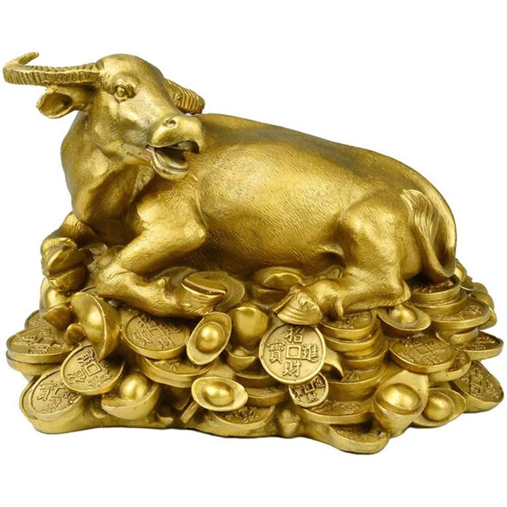 SnamicE China Zodiac Brass Cattle/Bull Statue Attract Wealth and Good Luck Figurine Collectible Golden Bull Stepping on Ingots Handicrafts Sculpture,