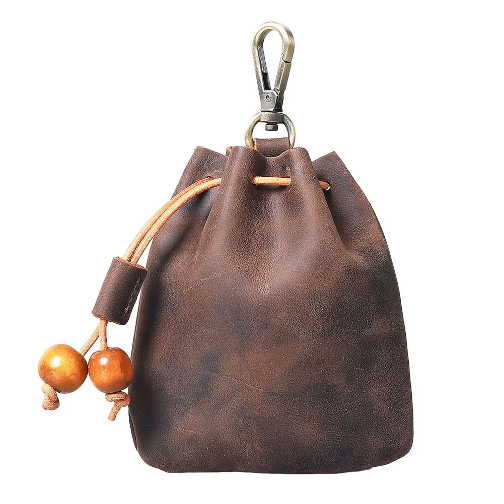 ShengDing Mini Leather Coin Pouch for Men Drawstring Pouch Medieval Small Leather Pouch Natural Cowhide Coin Bag Change Purse Keychain Organizer(Brown)