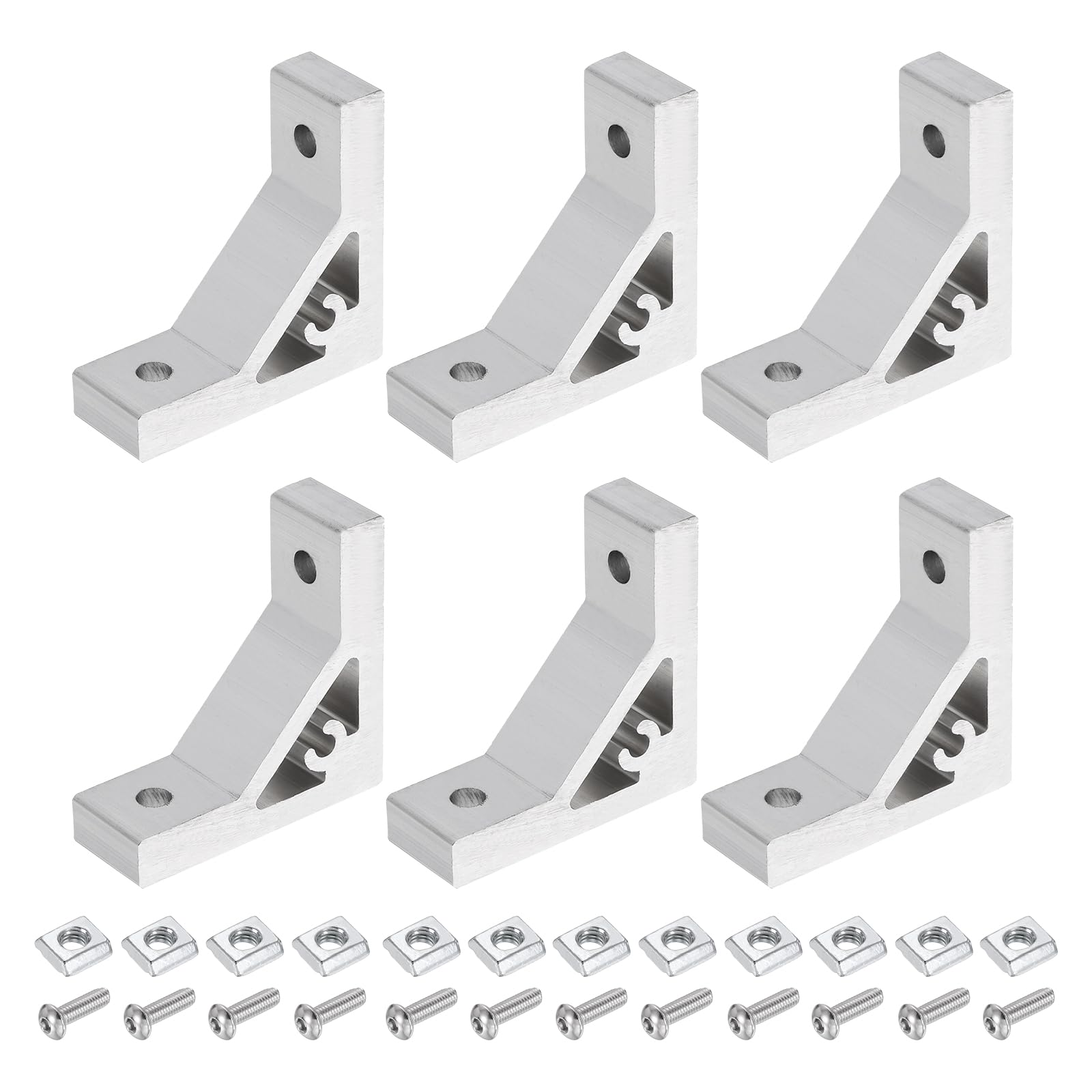 sourcing map 6Set 90 Degree Angle Corner Brackets, 50x50x18mm 2020 Series Aluminum Extrusion Profile Accessories, Corner Brace Joint Connectors with Mounting Screws and Nuts, Silver โ image 1