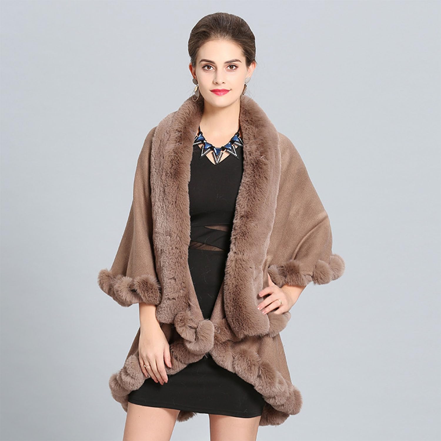 Invierno de Punto Chal Poncho de Piel Sintética con Cuello de Plátano Suelta Doble Estola Cálida Sobredimensionada Suéter de la Capa para Las Mujeres de la Señora Mamá