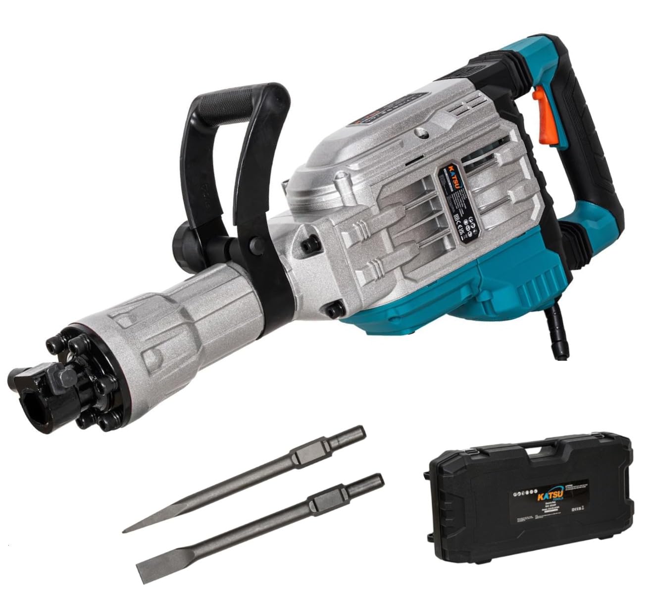KATSU Tools Martillo Demoledor de 1700W, Fuerza de Impacto de 60J, 1900bpm, Antivibración, Mango Lateral Multiposición, Cinceles Puntero y Plano, Maletín de Transporte, Modelo 101107