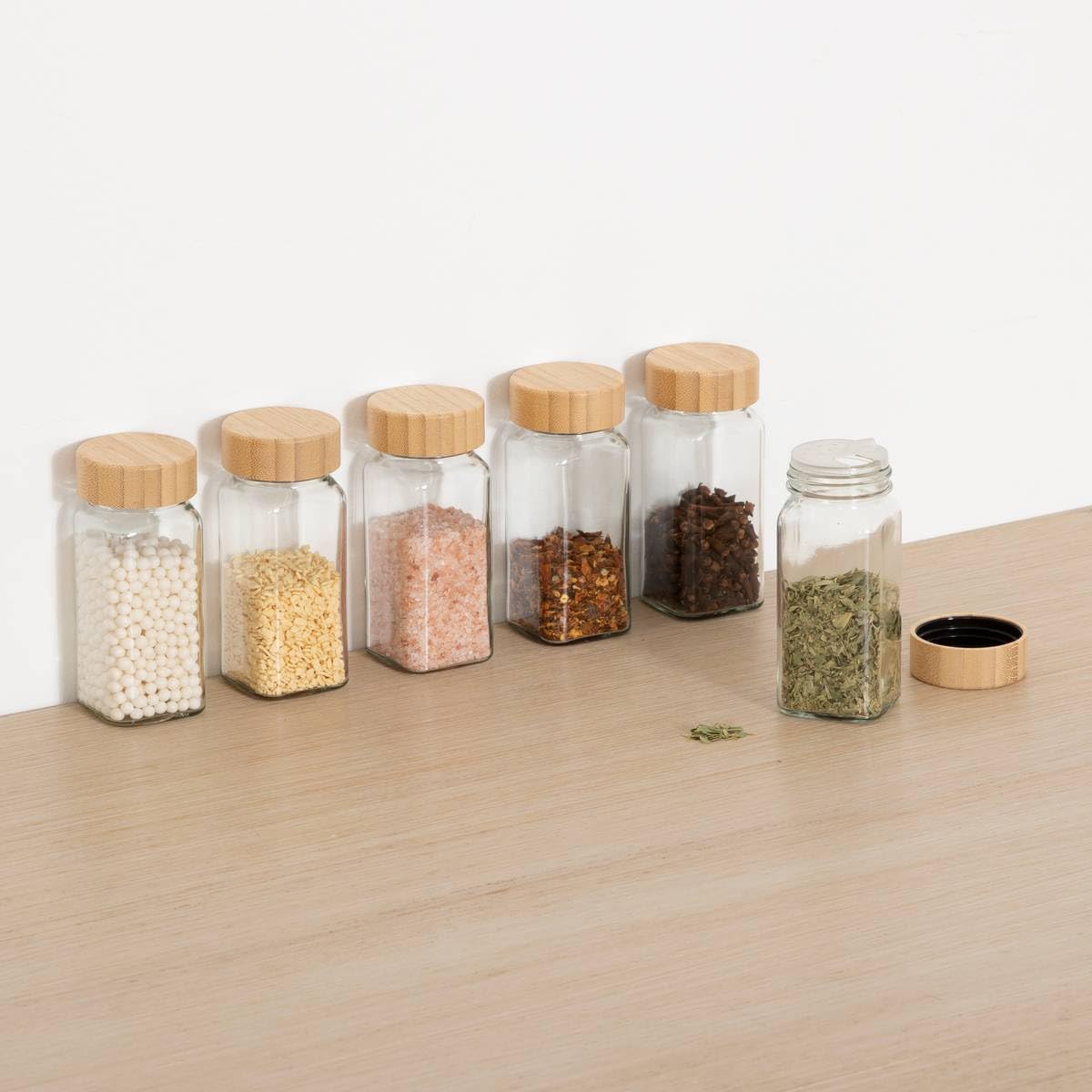 5Five - Lot de Pot à Épices Transparent en Verre et Bambou - Organisateur d’épices