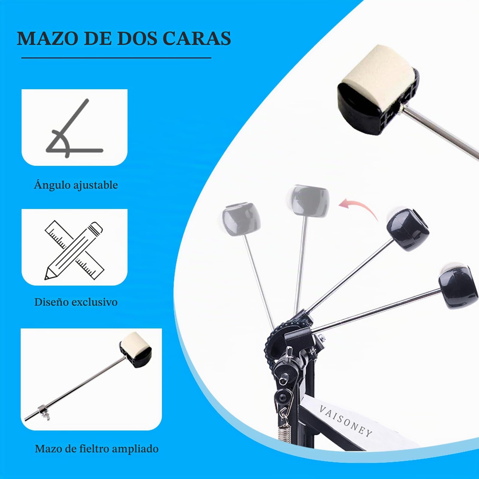 Doble pedal bombo, pedal de bombo doble con doble cadena, accesorios de percusión profesional (V-ST13) | Pedal de bombo doble con doble cadena, respuesta directa, base estable, rendimiento ajustable para bombo