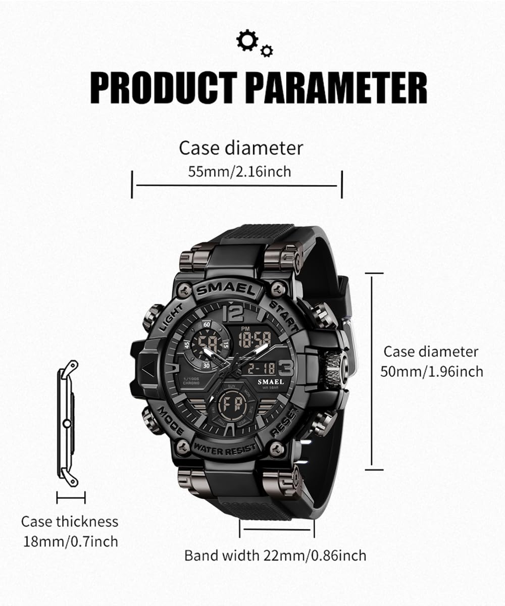 SMAEL Montres militaires d'extérieur numériques carrées étanches tactiques militaires militaires hommes montres de sport hommes noir 8110