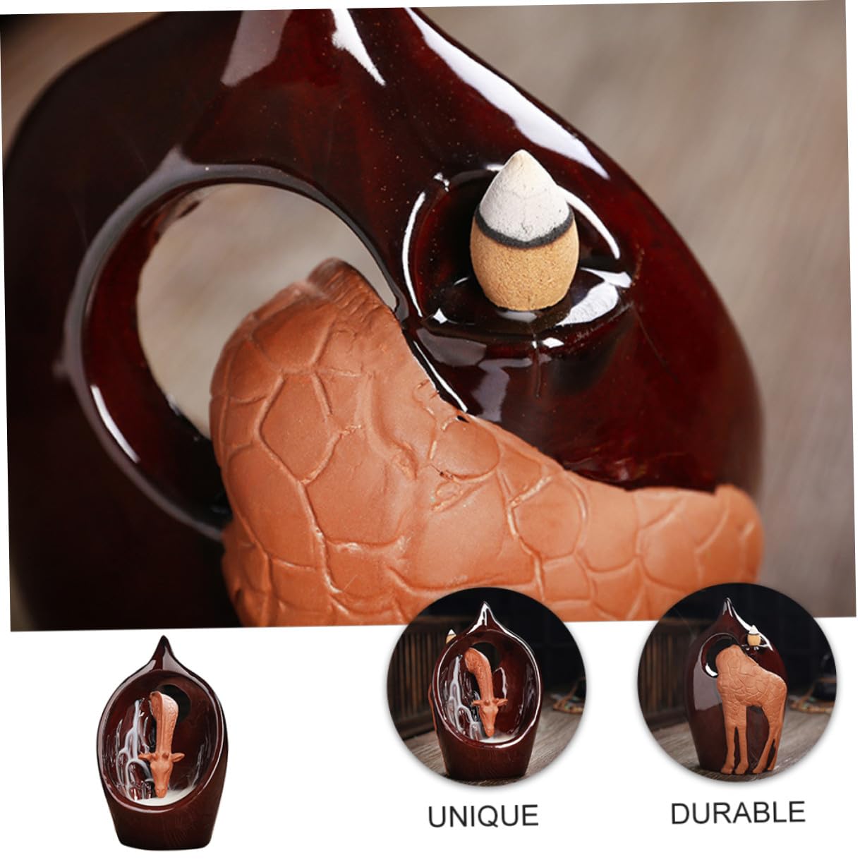 TOYANDONA Bruciatore di Incenso Ceramico Marrone Design Giraffa per Aromaterapia e Rilassamento, per Camera da Letto e Soggiorno Stile Creativo Retrò