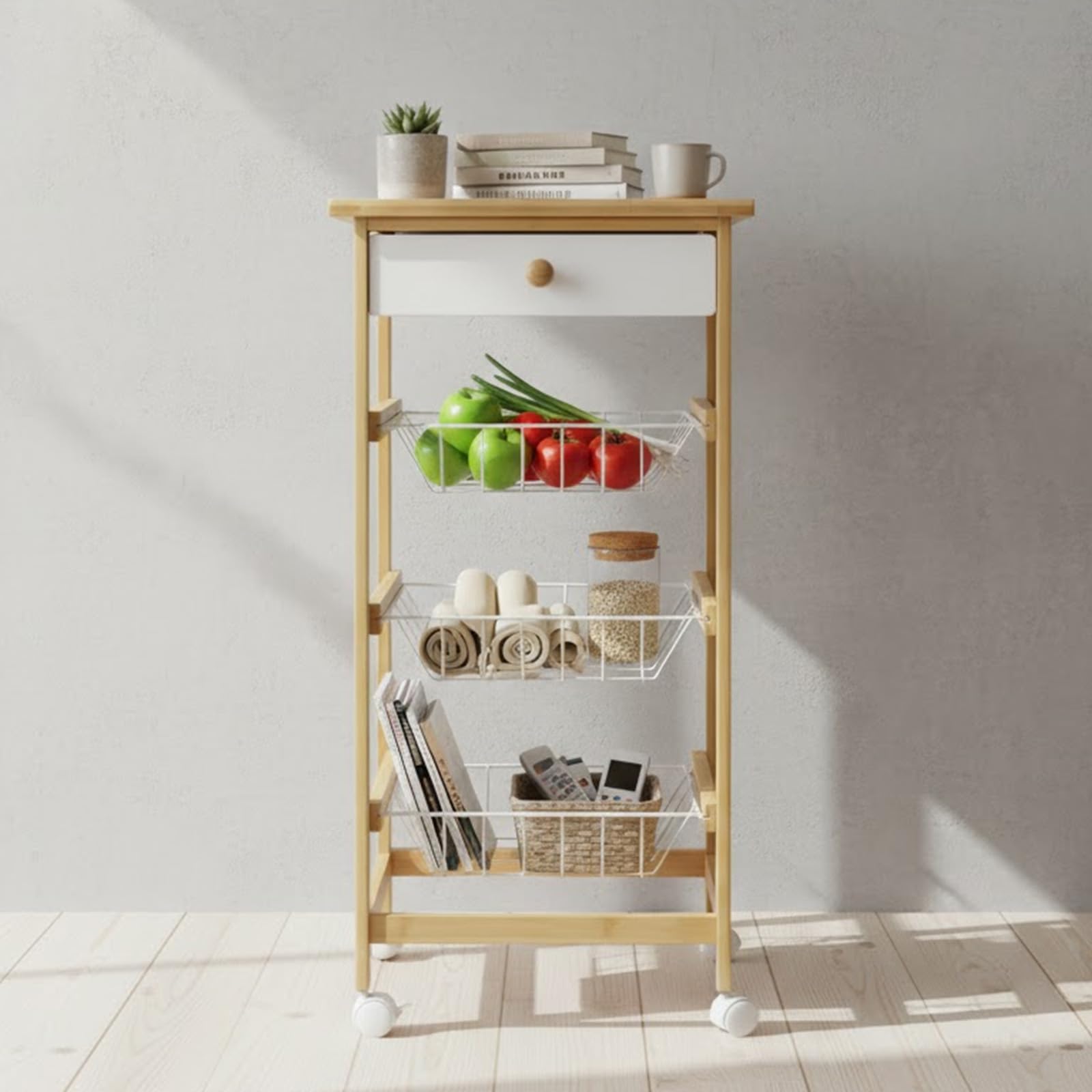 Carrello da cucina ausiliario in legno e bambù 35 x 36 x 74,5 cm con ruote, 1 cassetto in legno + 3 cestini estraibili - colore naturale e bianco