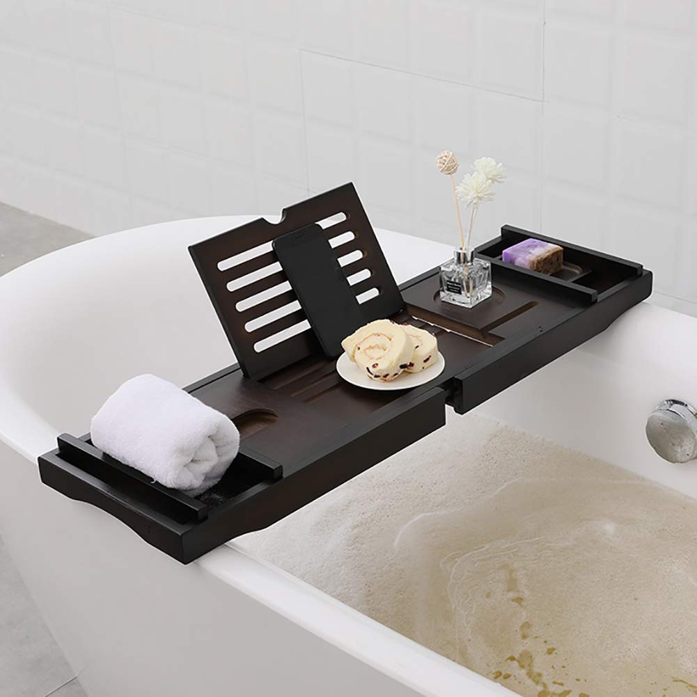 Bandeja de bambú para bañera con soporte para libros, soporte para copas de vino y ranura para iPad, color negro, accesorios de baño duraderos