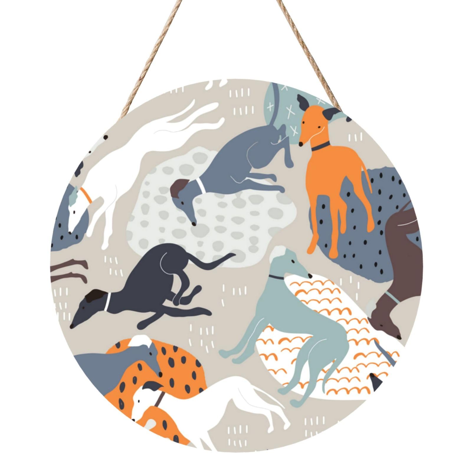 InOmak Greyhounds Cute, Round Wood Panel Painting 12 in, Wall Hanging Painting For Home