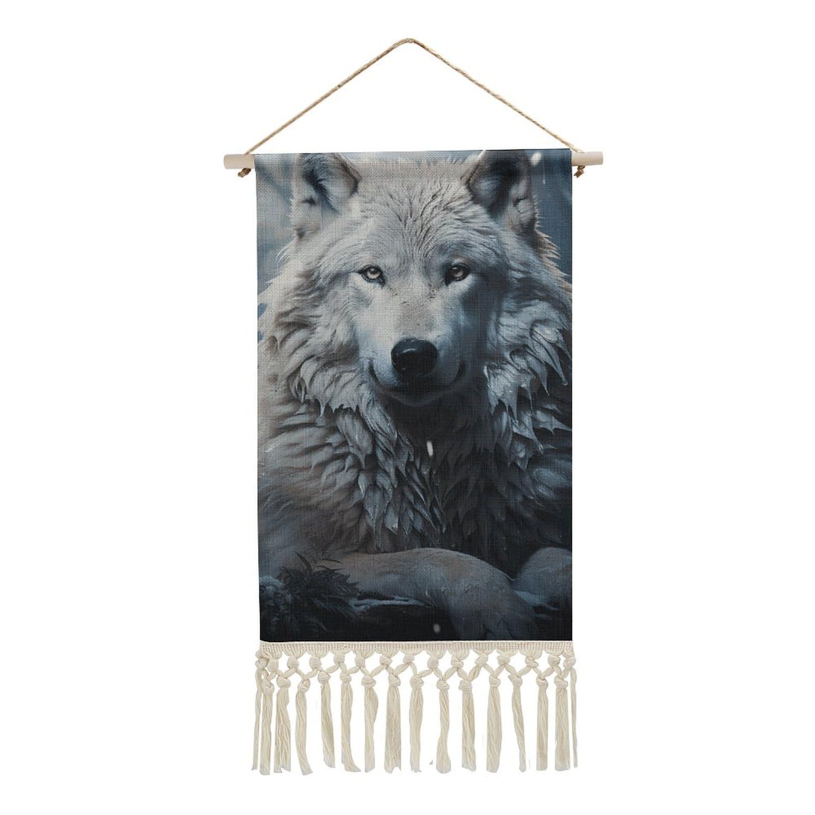 BTCOWZRV Cotton And Linen Hanging Poster with Tassels, Wolf Sitting in The Snow Wall Hanging Tapestry Vintage Wall Art Painting Modern Artwork Decoration for Home Decor Ready to Hang 10x19.6 in