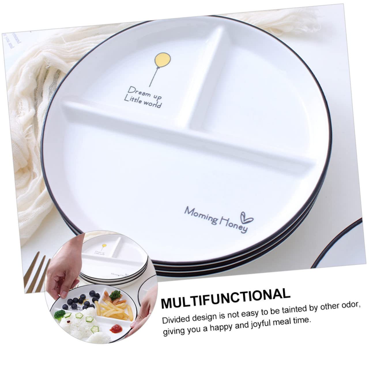 Assiette Compartimentée à 3 Compartiments en Céramique, Lot de 2