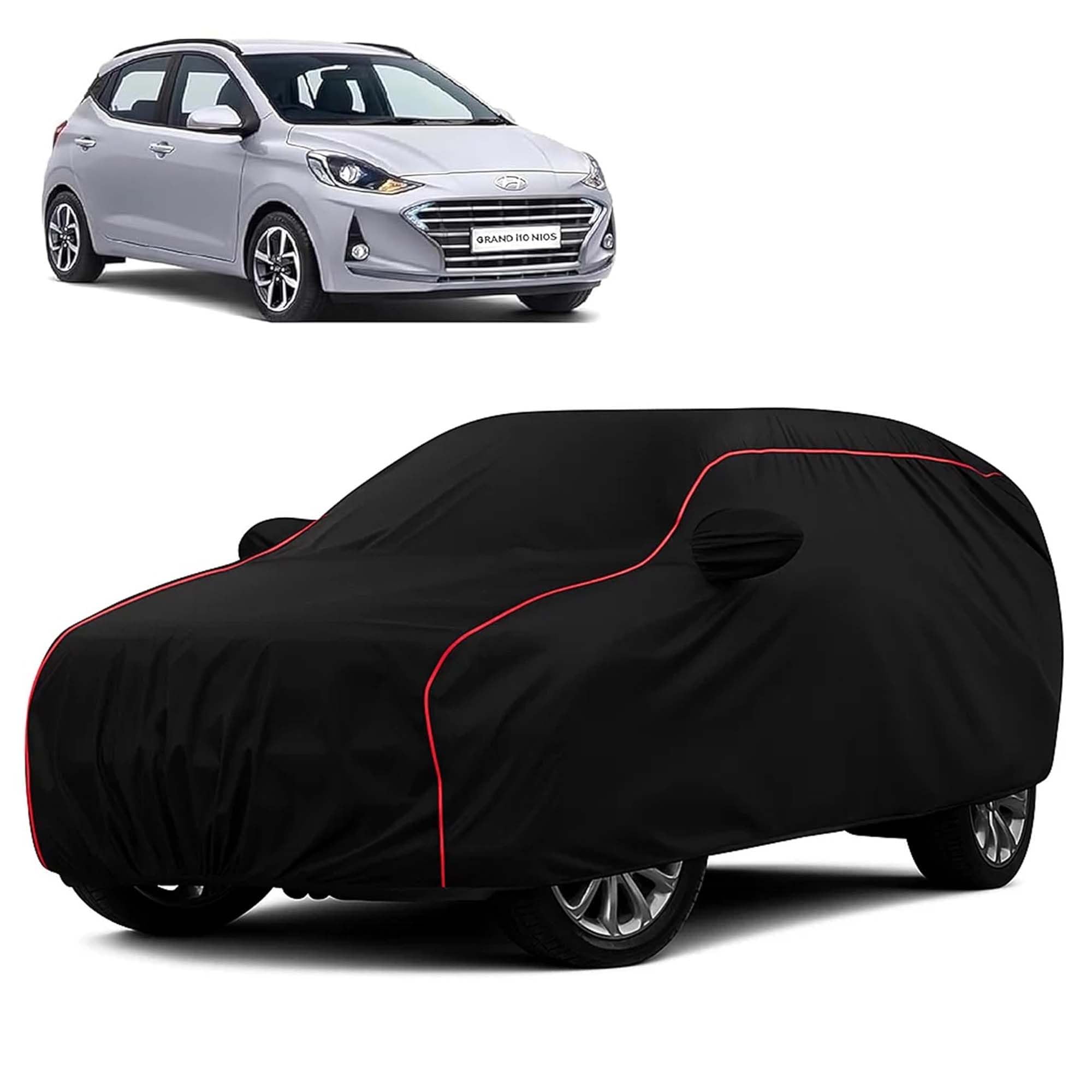 Sulfar 100% Water Resistant Car Body Cover Compatible with Mirror for Hyundai Grand i10 Nios (Triple Stitched, Full Bottom Elastic, Black with Red Piping)