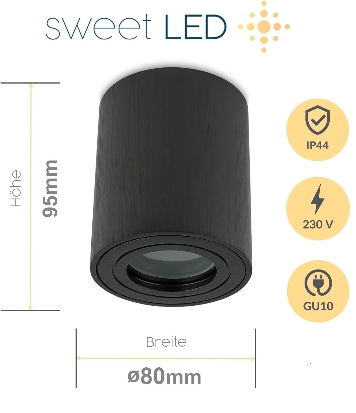 Sweet Led 4 Stück Aufbaustrahler Bad IP44 Aluminium GU10 Deckenspot 95mm Feuchtraum Badezimmer Nassbereich Aufbauleuchte 230V Aufbauspot – schwarz gebürstet, rund