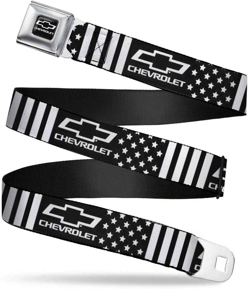 GM General Motors Belt, Seatbelt Buckle Belt, Chevrolet Bowtie Americana Stars and Stripes Black White, Adjustable