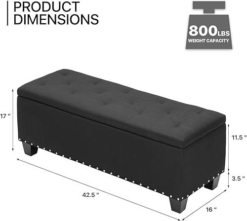 Miniatura 3 de MoNiBloom Otomana de 42 pulgadas de largo con almacenamiento, taburete de lino negro tapizado de espuma acolchada de tela rectangular con reposapiés