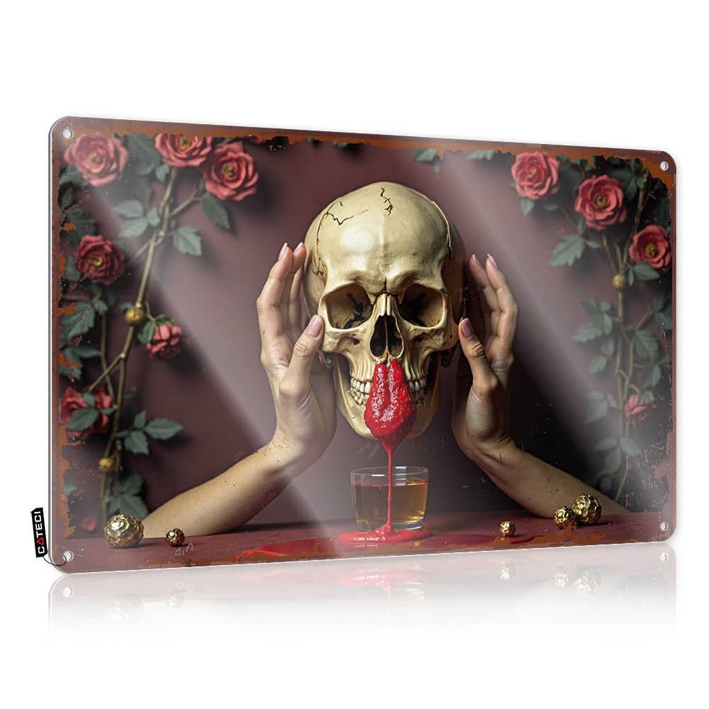 Fzfn Colour Plaques Sweet Waterproof Artwork, Cottage Retro Print For Cafe Pub Checkout | Entryway Decor Pre-Drilled Custom Blood-Tinged Elixir: A Gothic Still Life With Skull And Roses(30X40cm)