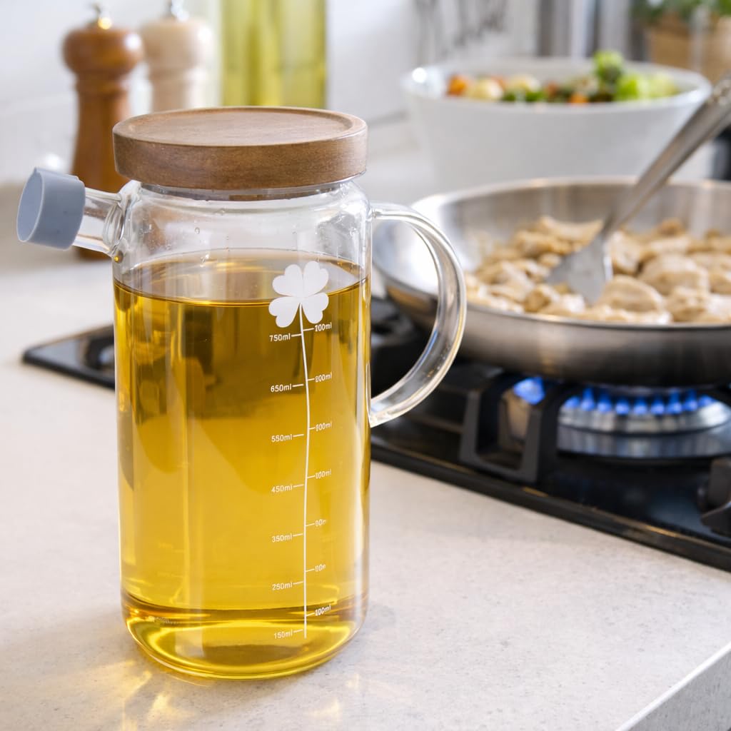 Eden & Willow 550Ml, 1Pcs Glass Olive Oil Bottle, Vinegar Cruet Bottle With Non-Drip Spout – Kitchen Cooking Oil Dispenser Drizzler With Acacia Wooden Lid And Handle (550Ml, 1Pcs)