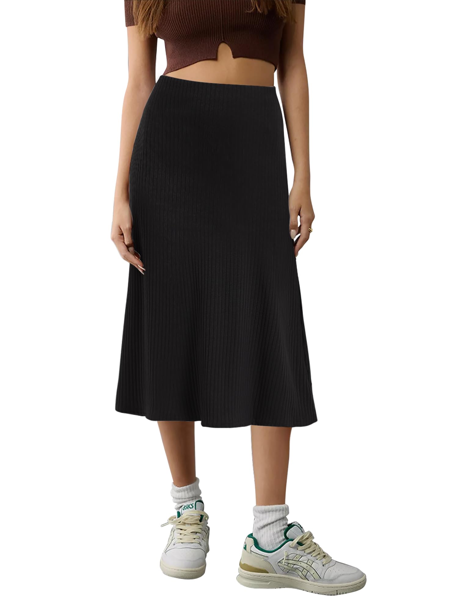 Urban CoCo Womens Elastic High Waist A-Line Flared Midi Skirt Solid Ribbed Knit Skirts