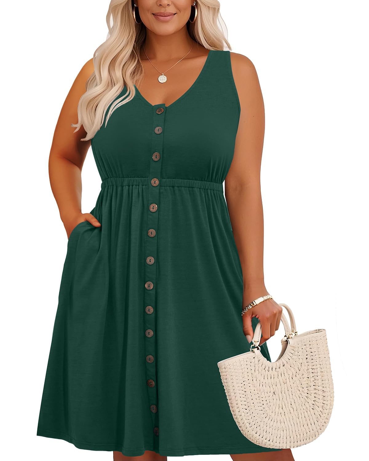 Holipick Women's Plus Size Summer Dresses for Women Casual Dress with Pockets A-Line Swing Button Down Sleeveless V Neck