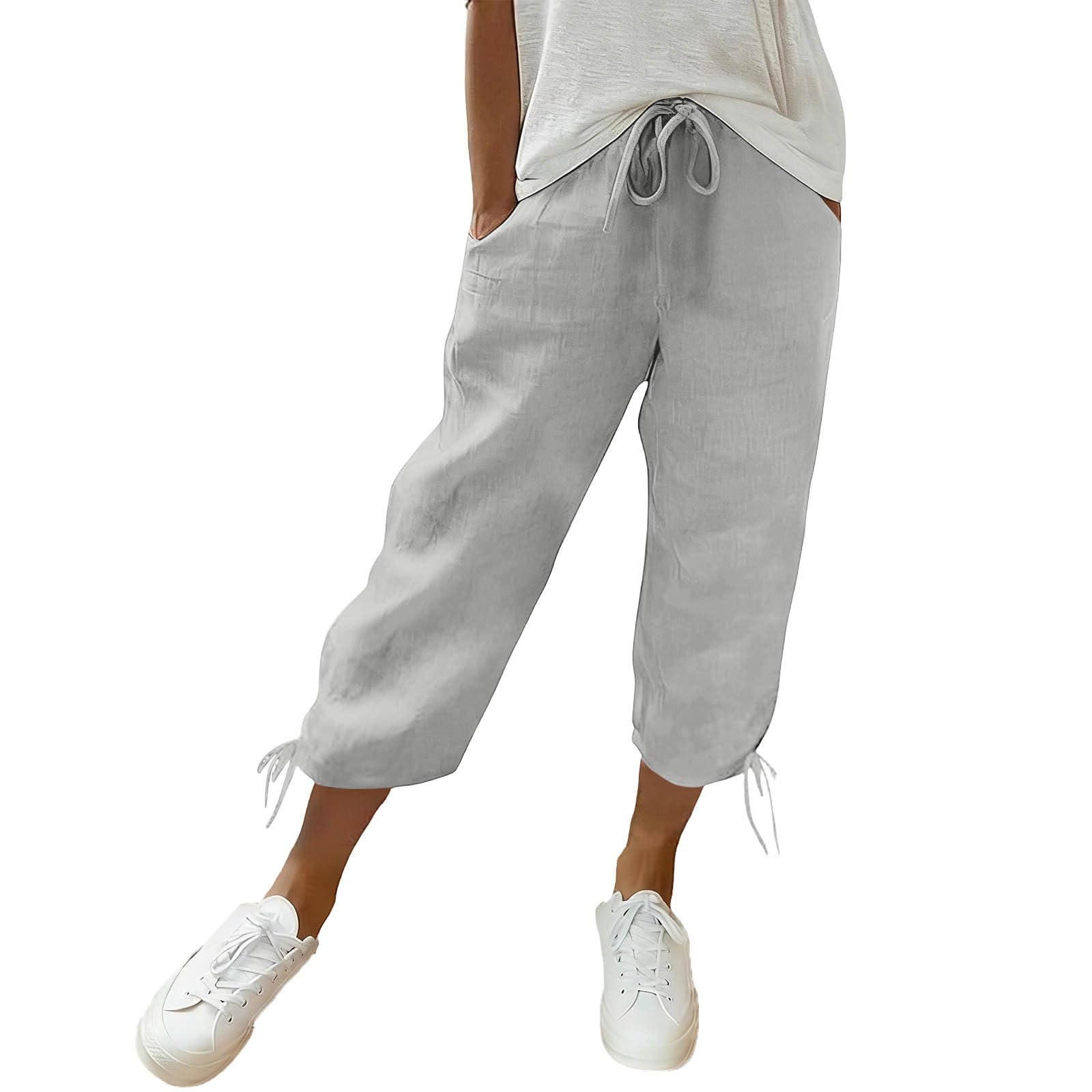 Women's Cotton Linen Capri Pants Elastic Waist Drawstring Casual Loose Summer Lightweight Cropped Trousers Comfy