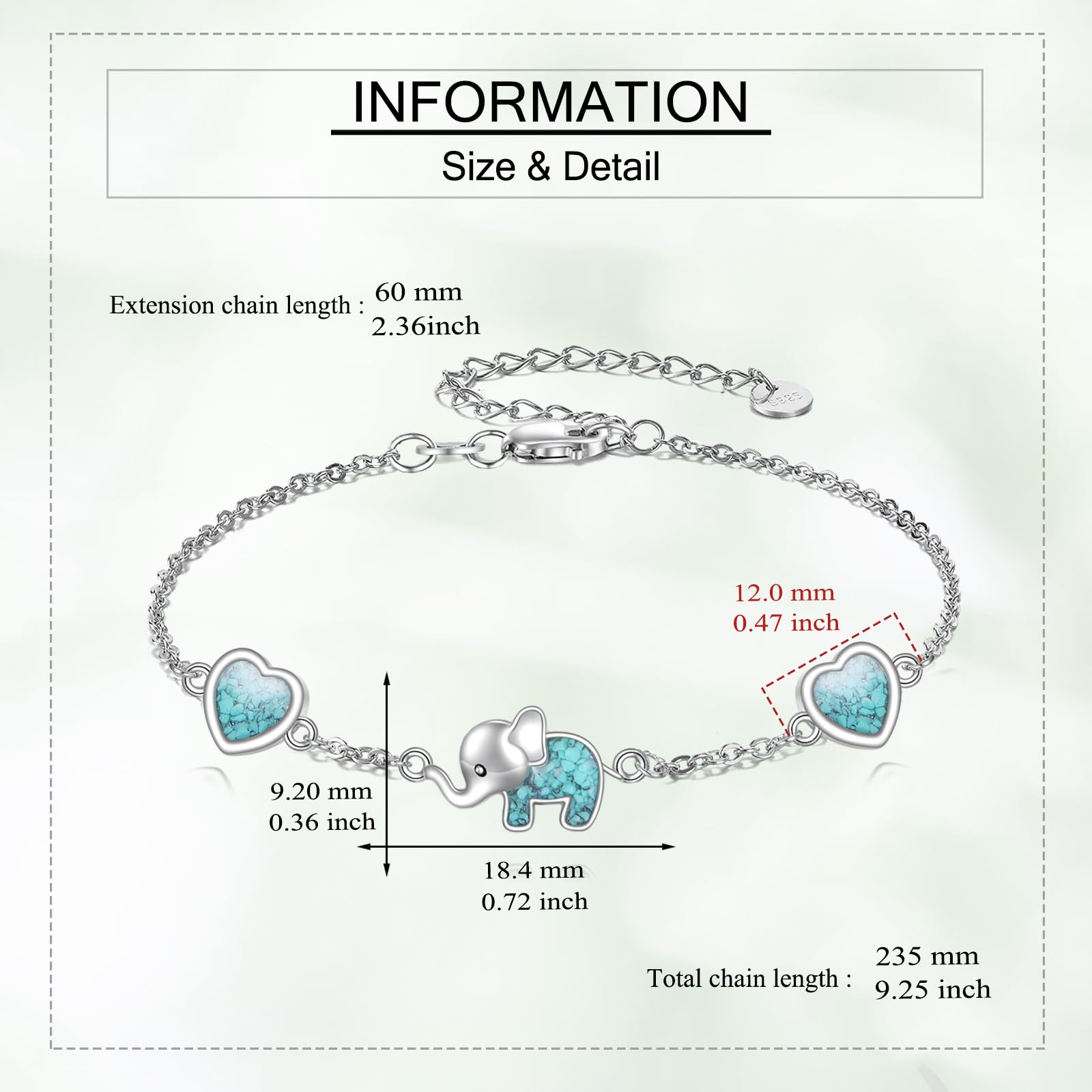 ONEFINITY Bracciale con elefanti in argento sterling 925, con cuore turchese, con elefante, idea regalo per donna