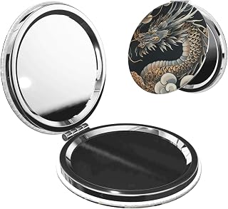 Black Oriental Dragon Compact Mirror Small Travel Makeup Mirror 2X 1x Magnification Portable Folding Mirror Lightweight Metal Cosmetic Pocket Mirror for Women Gifts