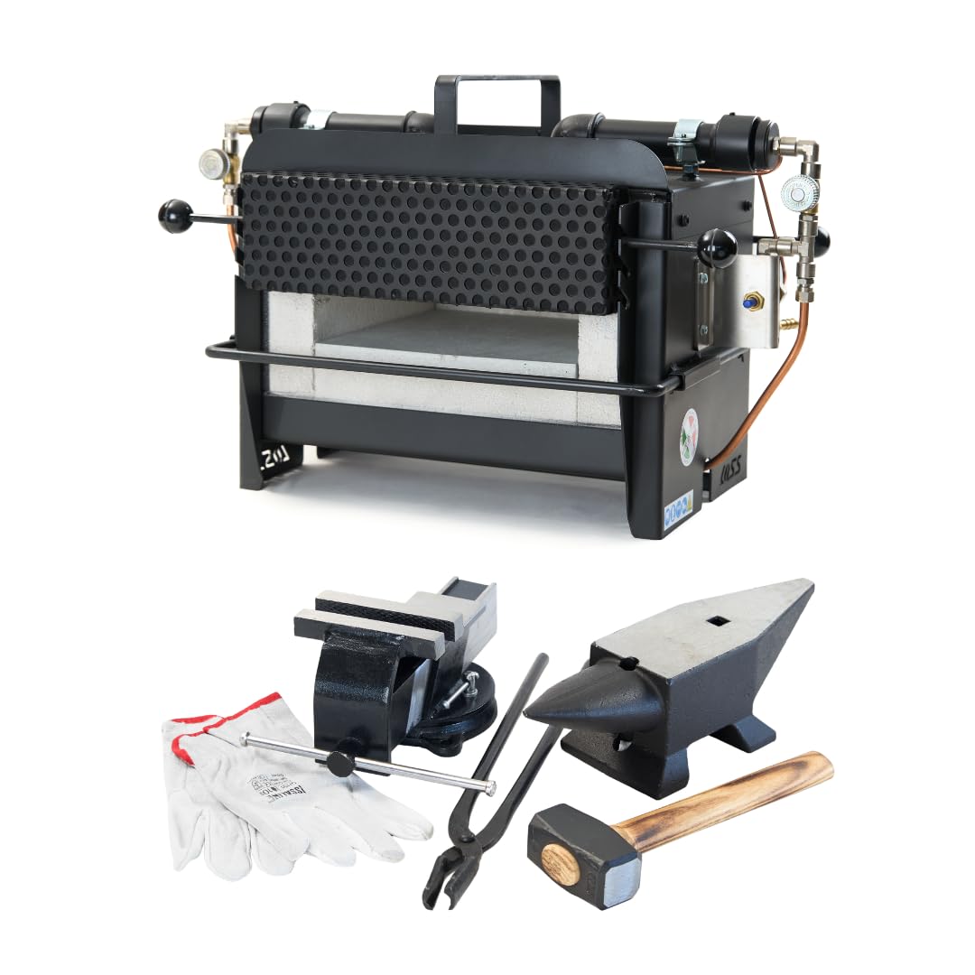 Forja Profesional de Gas Propano con 2 Quemadores y Kit de Herramientas | Kit Forja: Yunque 10 kg, Pinza Pico Plano, Martillo 1 kg, Abrazadera de Banco, Guantes de Trabajo