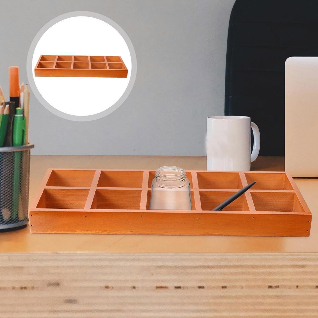 TEHAUX Wooden Compartment Tray with 10 Sections - Desktop Sorting Tray - Section Organizer Box for Display Crafts, Jewelry & Small Items, Grid divided Storage Box Office Supplies