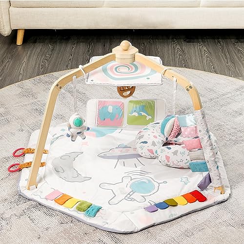 Image of Woodtoe Baby Play Gym - Montessori Tummy Time Playmat with Natural Wooden Legs, Early Development Activity Gym for Newborn to Toddler, 0-12 Months