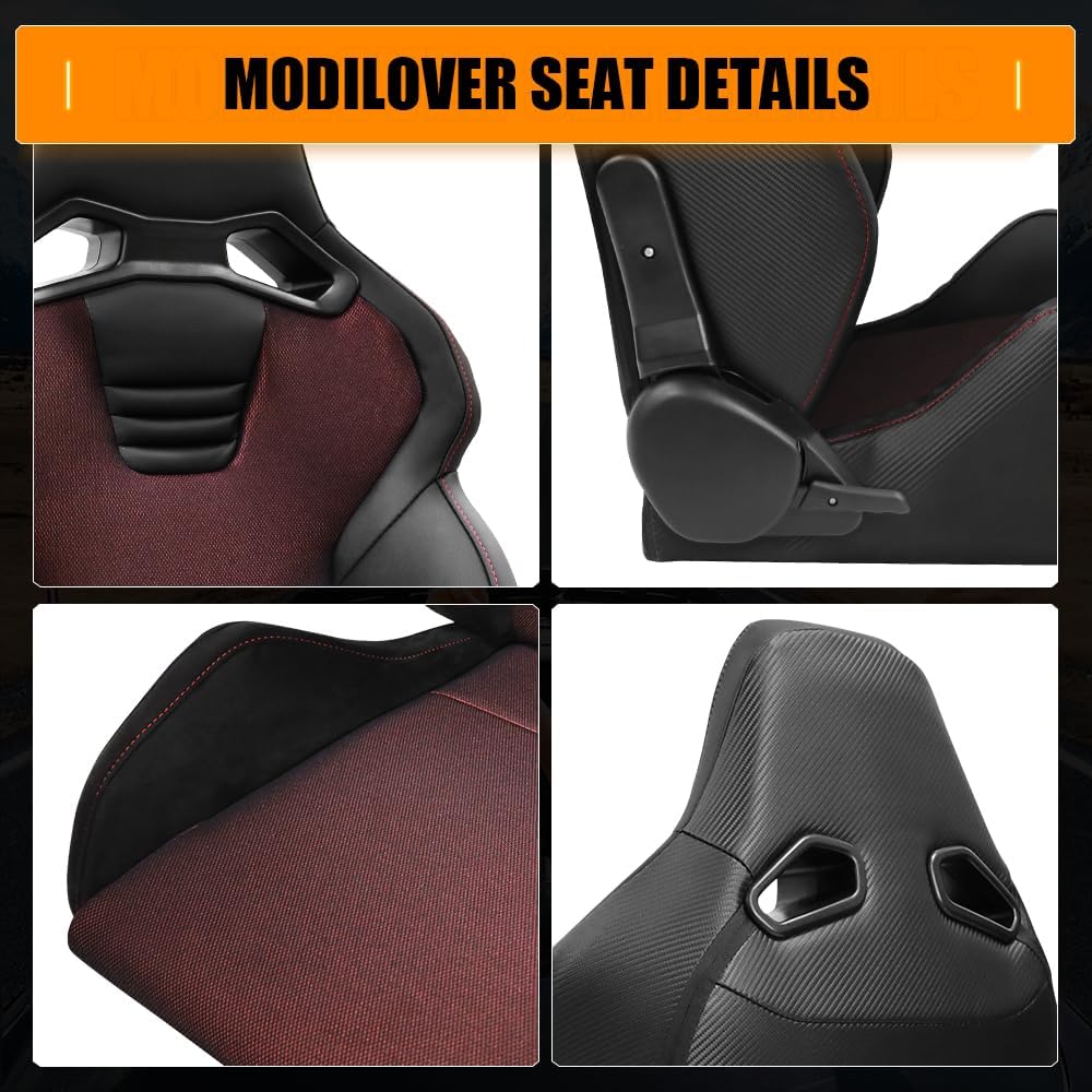 Universal Racing Seats, Adjustable Reclining Bucket Seats with Dual Slider, PU & Carbon Leather & Shinning Mesh Fabric Sport Seat for Driver and Passenger Side, 1 Pair, Black & Red