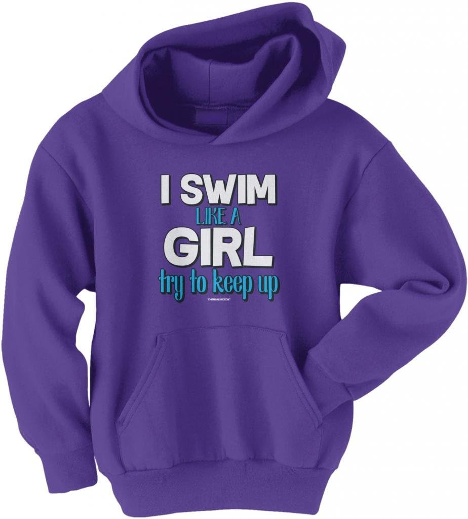 Threadrock Big Girls' I Swim Like a Girl Try to Keep Up Youth Hoodie Sweatshirt