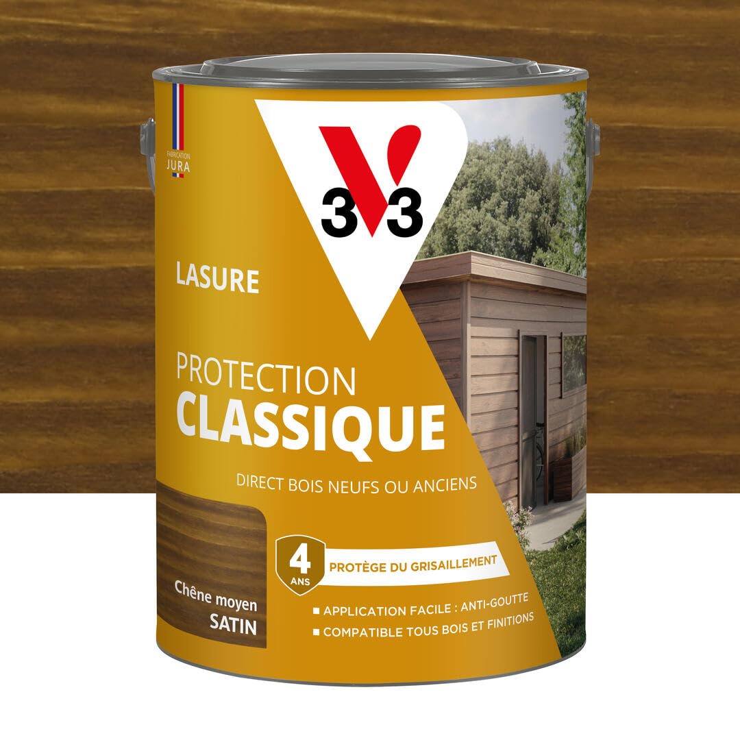 V33 Lasure Bois extérieur Chêne moyen - Protection Classique 4 ans - Protège du grisaillement - Direct bois neufs ou anciens - Texture anti-​goutte - 5L
