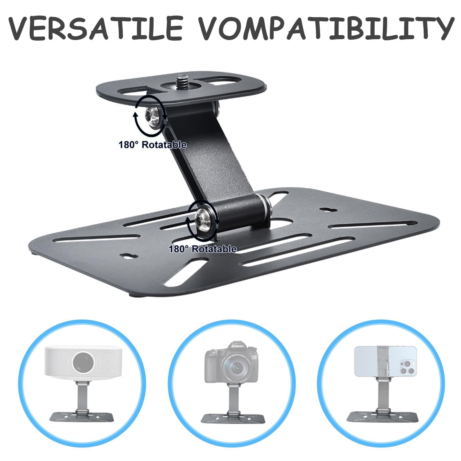 Mini supporto per proiettore da tavolo per soffitto, parete e tavolo, con filettatura da 1/4", girevole a 80° e pieghevole, per home theater, sala giochi e ufficio, nero