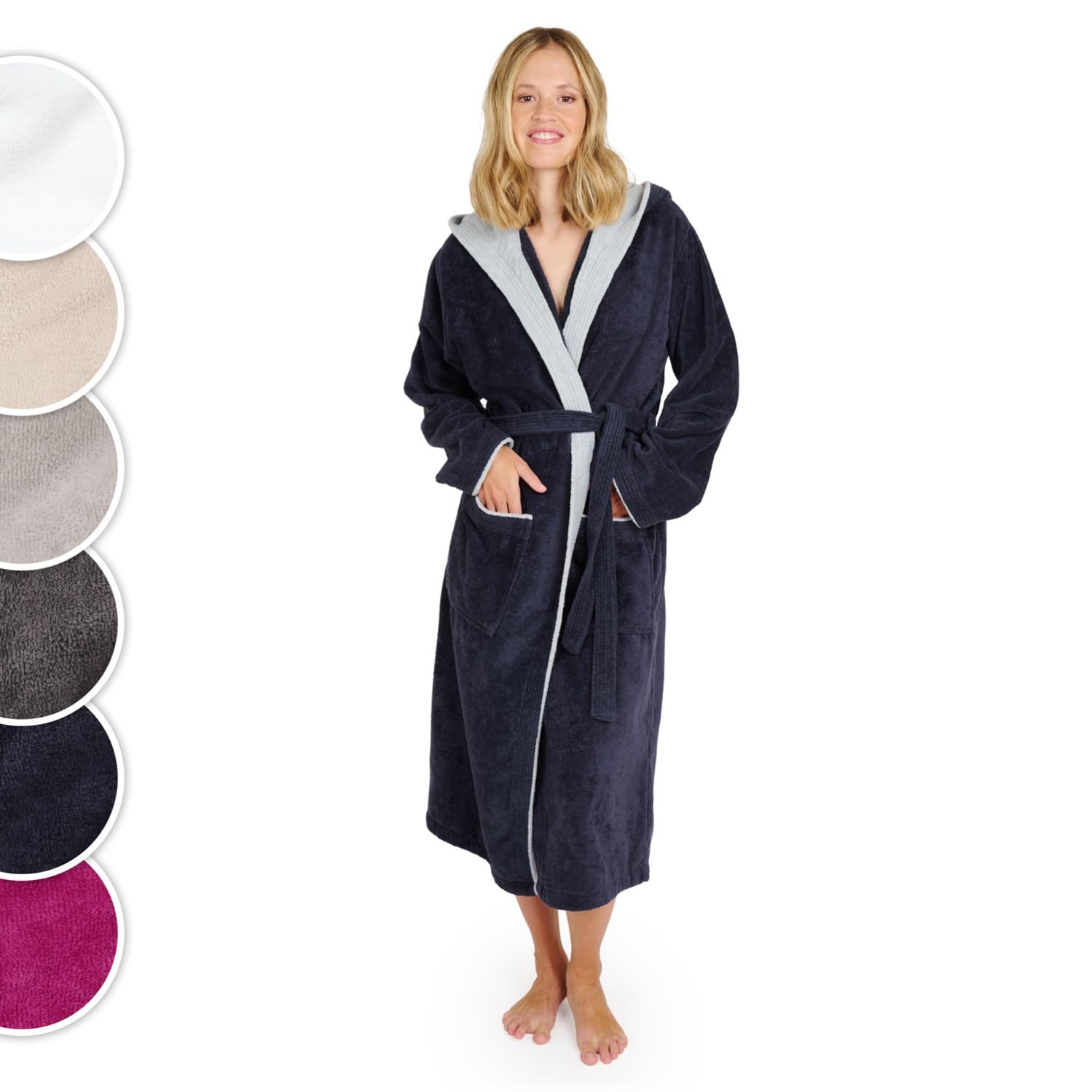 Blumtal Bademantel Damen, kuschelig weicher Bademantel Damen Baumwolle mit gefütterter Kapuze und samtigen Frottee-Velours, Oeko-TEX® Zertifiziert, Größe M, Dark ocean blue