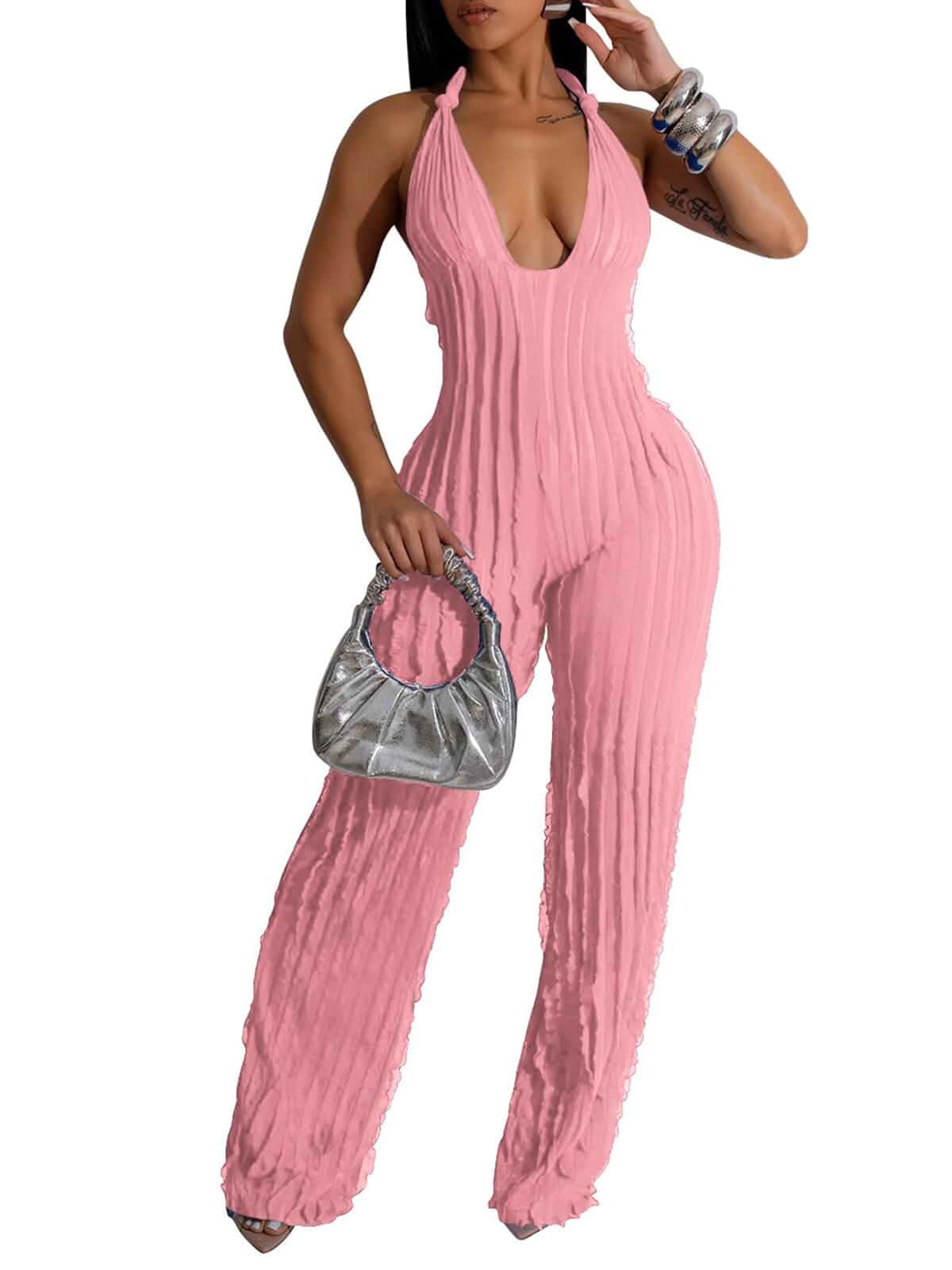 YBSKG Summer Halter Backless Jumpsuits for Women One Piece Wide Long Pants Sexy See Through V Neck Tie Pleated One Piece Wide Leg Long Pants Romper