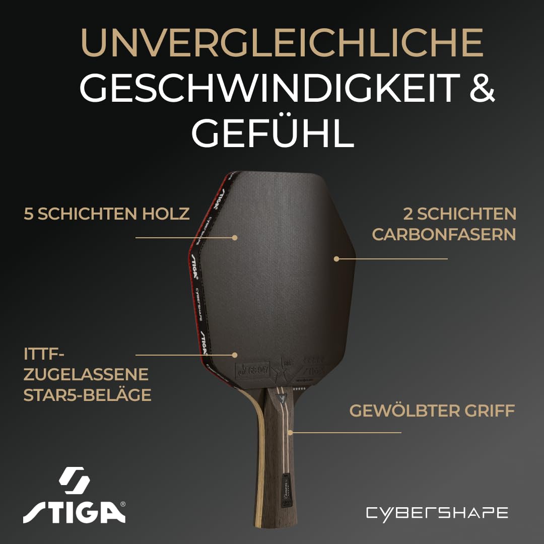 STIGA Pro Carbon+ Cybershape Tischtennisracket, 5-Sterne-Profi-Tischtennisschläger mit sechseckiger Form für Offensive Spieler