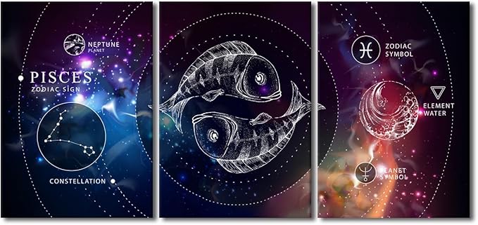 Wall Decorations for Living Room Pisces Zodiac Sign Home Decor Magic Witchcraft Card with Astrology Wall Paintings Koi Fish Wall Decor Pictures 3 Piece Posters and Prints Ready to Hang (42''W x 20''H)