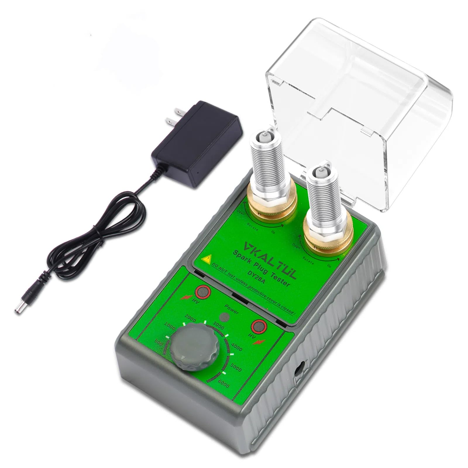 VKALTUL Zündkerzen Tester, 220V Zündfunkenprüfer mit 2 Höhenverstellbaren Testlöchern,0~6000rpm, Simuliert die Motorleistung, Schutzhülle, Plug and Play für 12V Fahrzeug