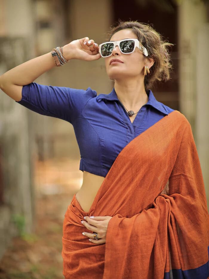 Image of Women's Cotton Woven Soft Sarees With Attach Blouse Piece.
