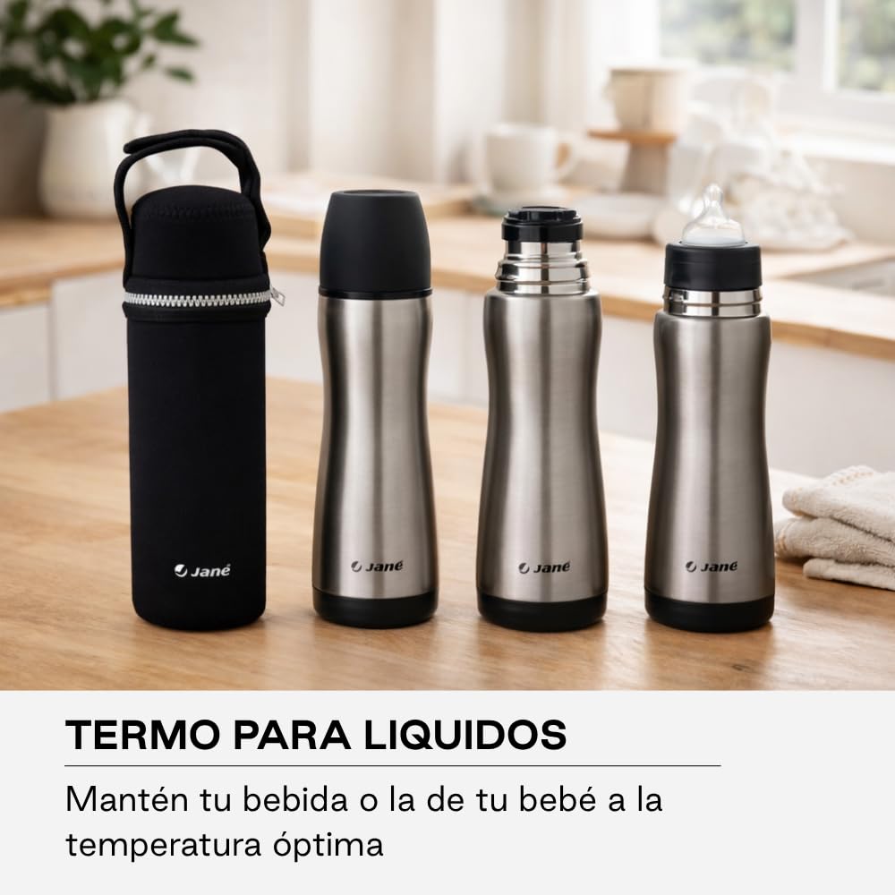Jané Termo Líquidos, Acero Inoxidable, 300 ml, con Tetina de Silicona, Incluye Bolsa de Neopreno, Mantiene el Calor hasta 10 horas, Gris