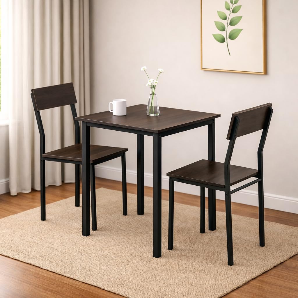 2 Seater Dining Table Set with Chairs | Small Square Wooden Dining Table with Metal Frame | Compact Kitchen & Dining Room Furniture for Home, Café, Office (Dark Maple)