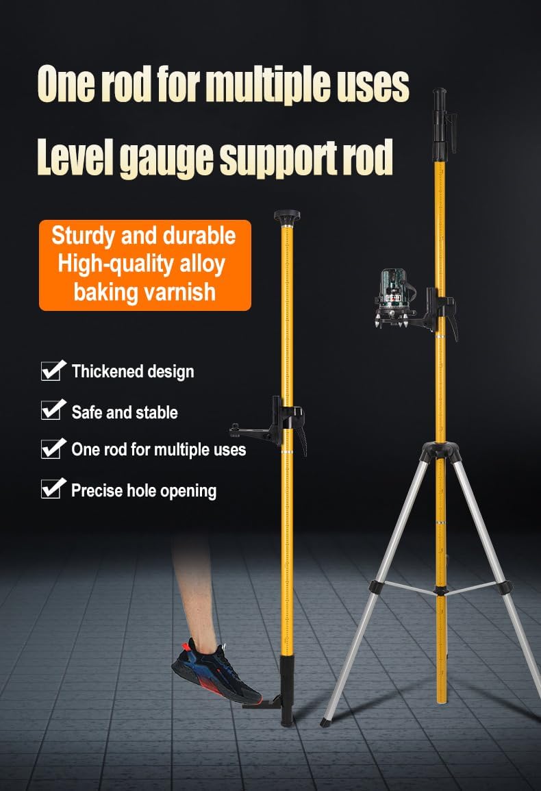 Perche Télescopique Réglable 3,7 m avec Trépied,Laser Level Tripod avec Base de Montage de 1/4“ x 20” et Adaptateur Fileté 5/8"-11 pour Les Niveaux Laser Rotatifs et Linéaires