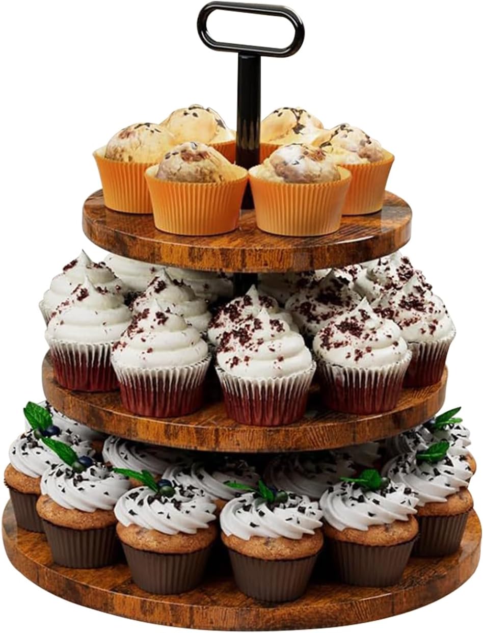 4 Tier Wooden Cupcake Display Stand, Wood Retail Countertop Display Shelves Rustic Party Risers Cake Stand Shelf Makeup Step Perfume Organizer for Spice Plant Dessert Craft Perfume (3 Tier Round)