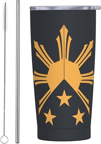 Tribal Philippines - Taza de café de viaje filipino Sun and Stars con pajilla, taza de café de acero inoxidable, taza térmica, color negro