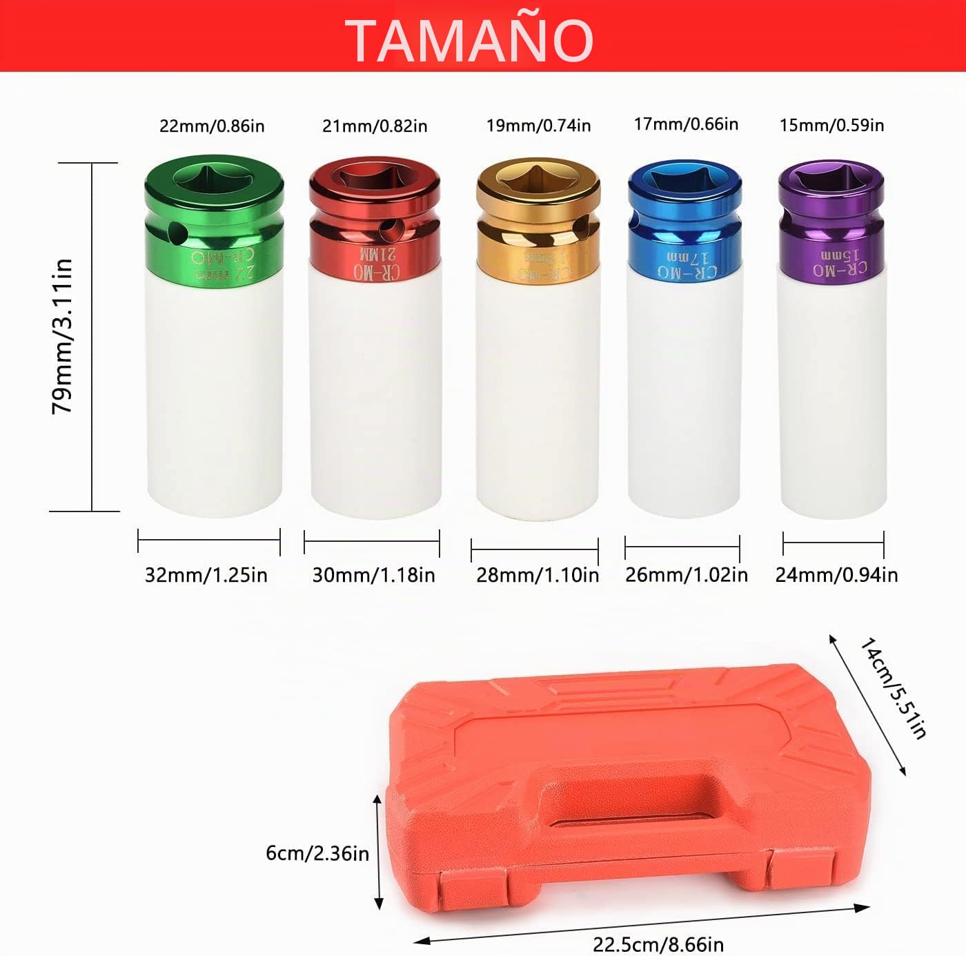 Juego de 5 llaves de impacto con insertos protectores, juego de tuercas para ruedas 15, 17, 19, 21, 22 mm, inserto de 1/2 pulgada para llave de torque e impacto, herramienta para tuercas de