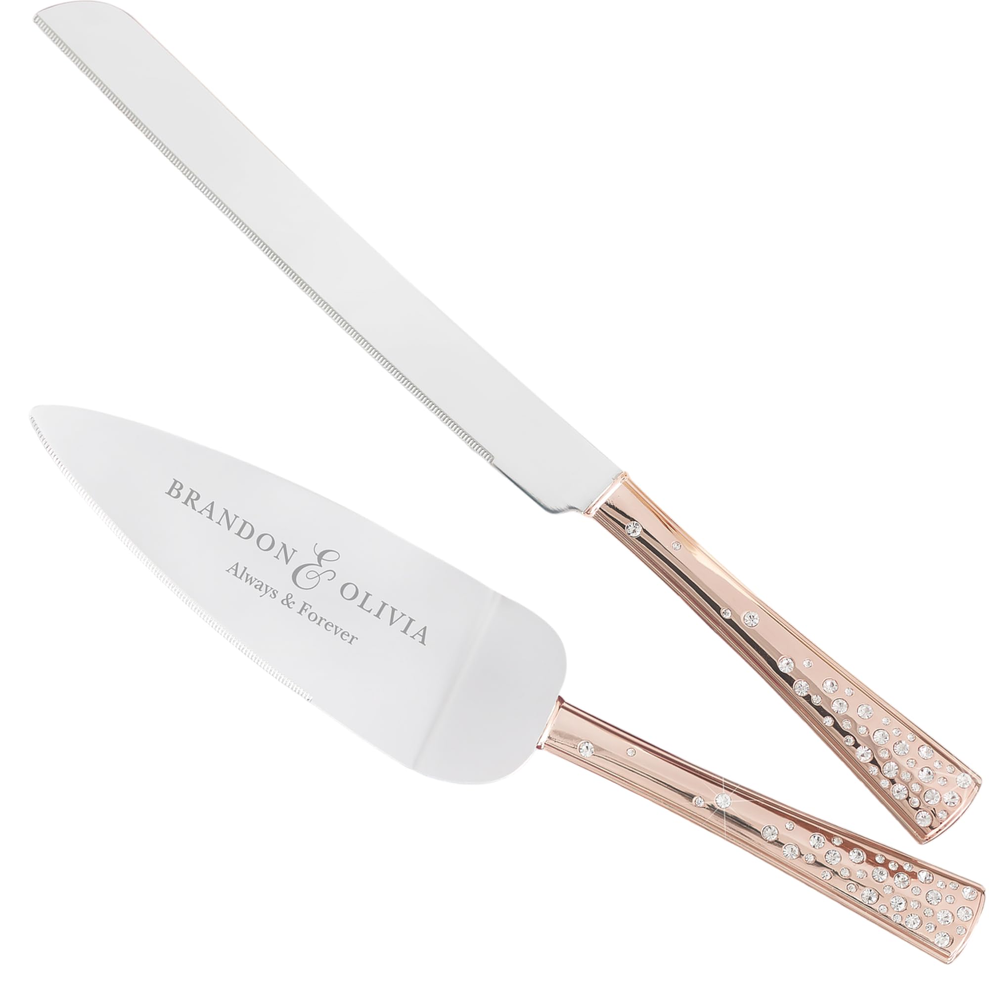 Personalization Universe Rose Gold Engraved Wedding Cake Knife & Server Set with Crystal Accents - Customized Names and Date for Wedding Reception, Personalized Cake Cutting and Serving Set