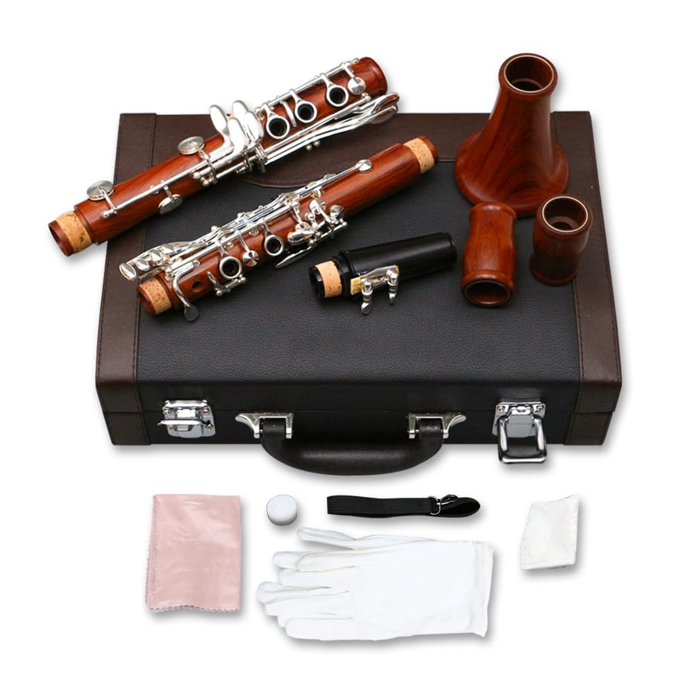 Yinfente Intermediate B-Flat Clarinet Rosewood wood Body Silver Plate Bb Key 17 key Case + Reeds + Pads (Bb key)