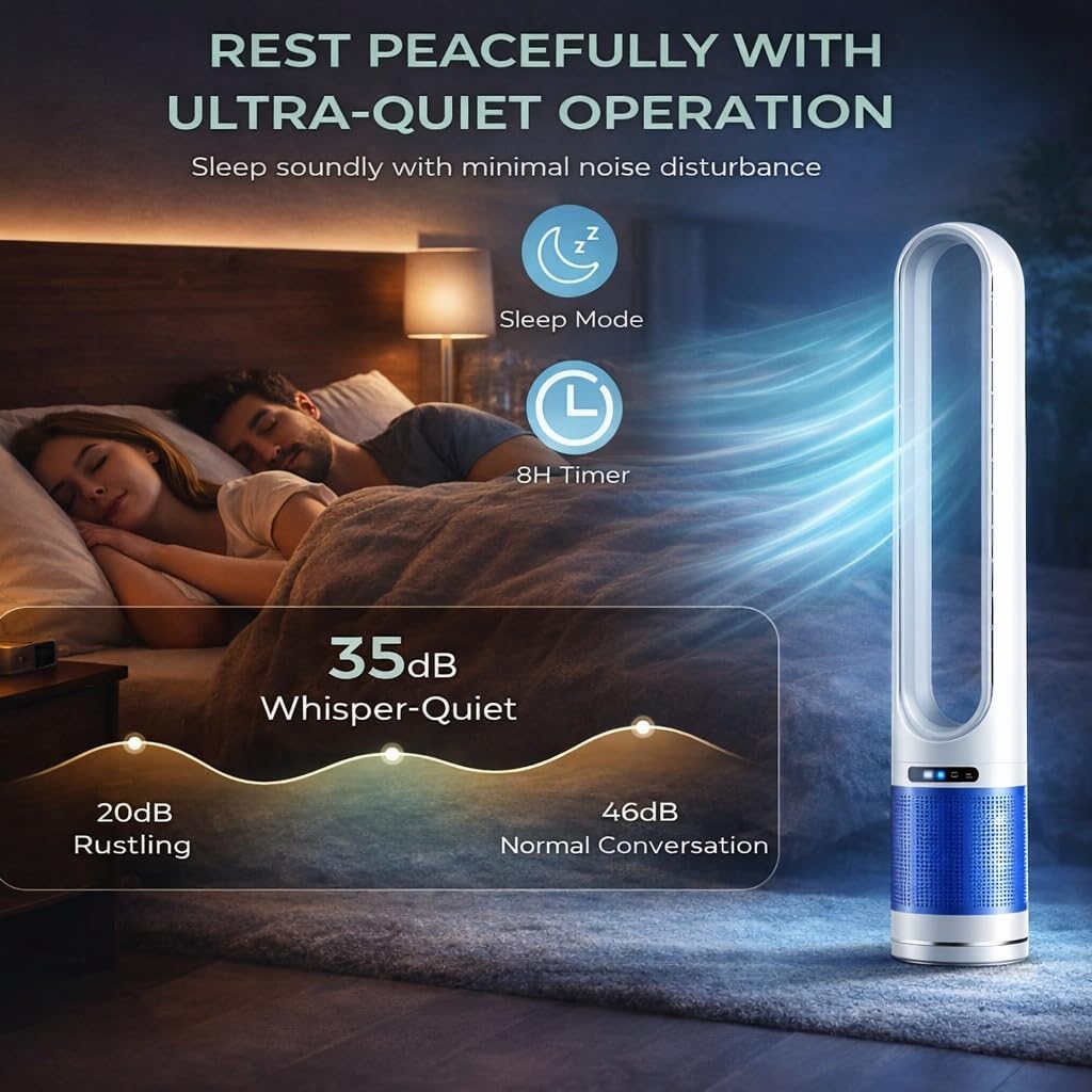 41" Bladeless Tower Fan with Air Filter, 80° Oscillating Standing Fan with Remote Control, 8 Speed Settings, 8H Timer, LED Display Quiet Cooling Fan for Bedroom, Living Room, Office,Blue/White