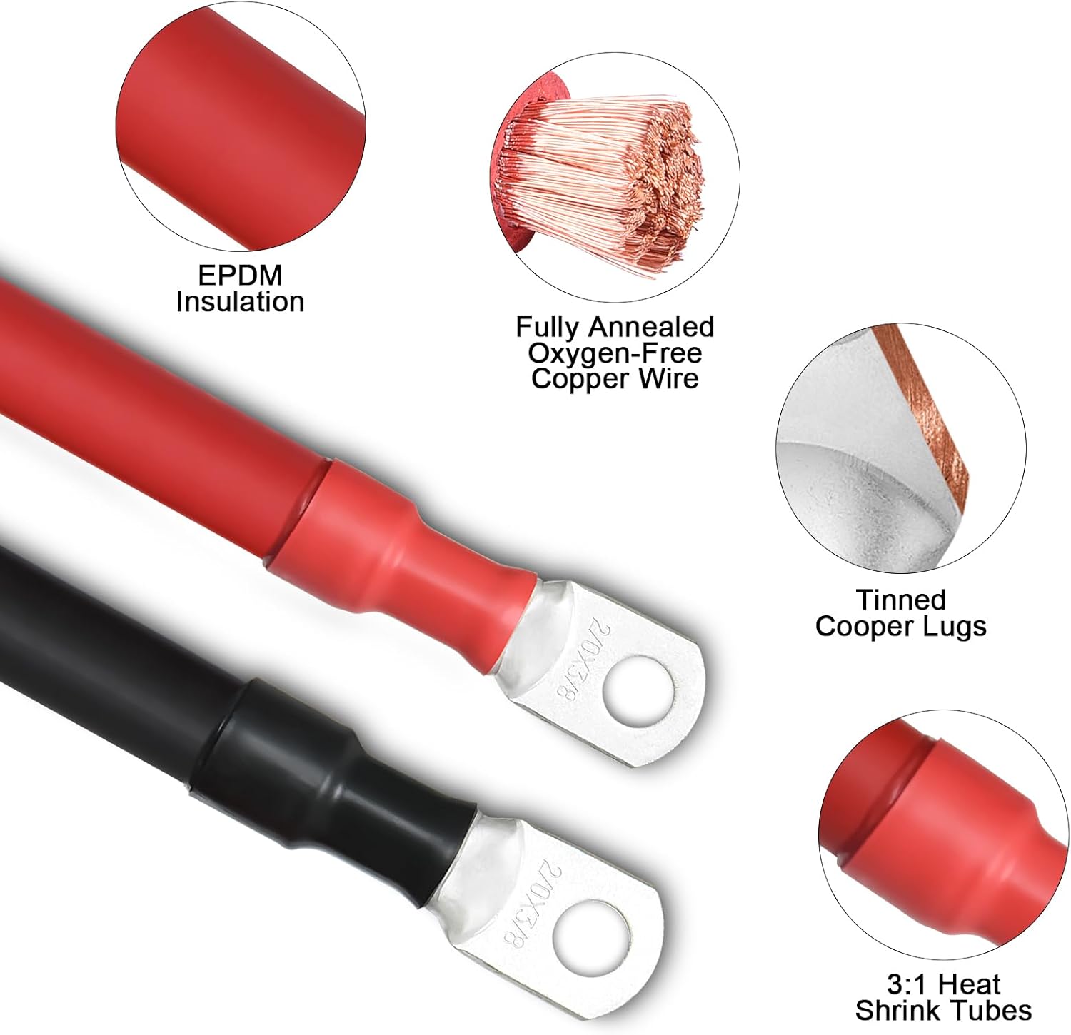 2/0 Battery Cables, 3FT 2/0 Welding Cable with 3/8” Lugs for DIY Enthusiasts and Professional Mechanics, Perfect for Cars and Motorcycles (2/0AWG-3/8, 3FT)