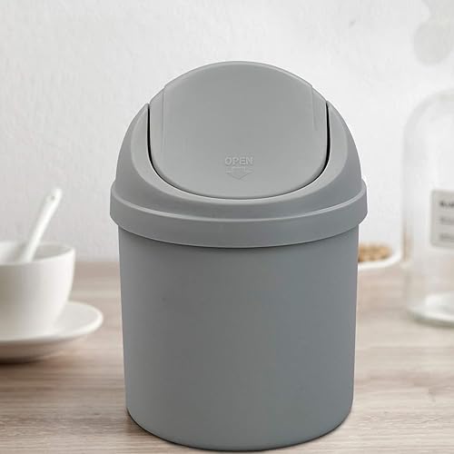 Miniatura 6 de Mini basurero de escritorio de plástico de 2 L, pequeño bote de basura con tapa giratoria, color gris